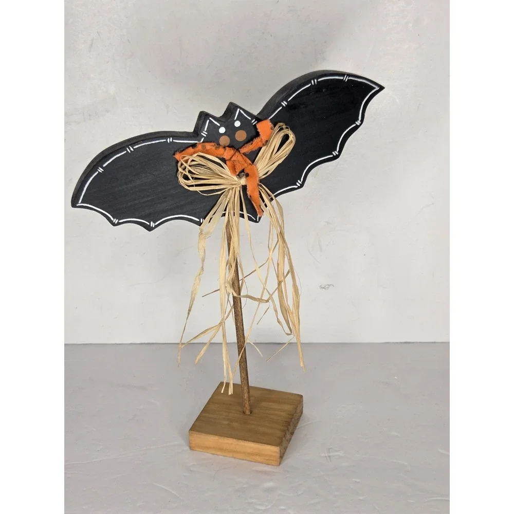 Halloween Wooden Bat Figurine Primitive Rustic Decor Black Orange Raffia
